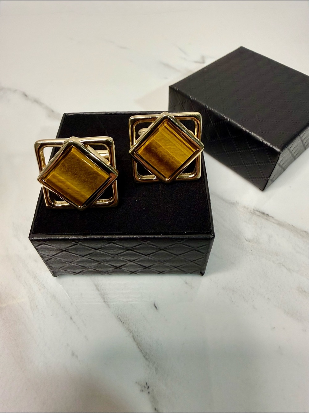 Gold Tone Tiger's Eye Square Cuff Links